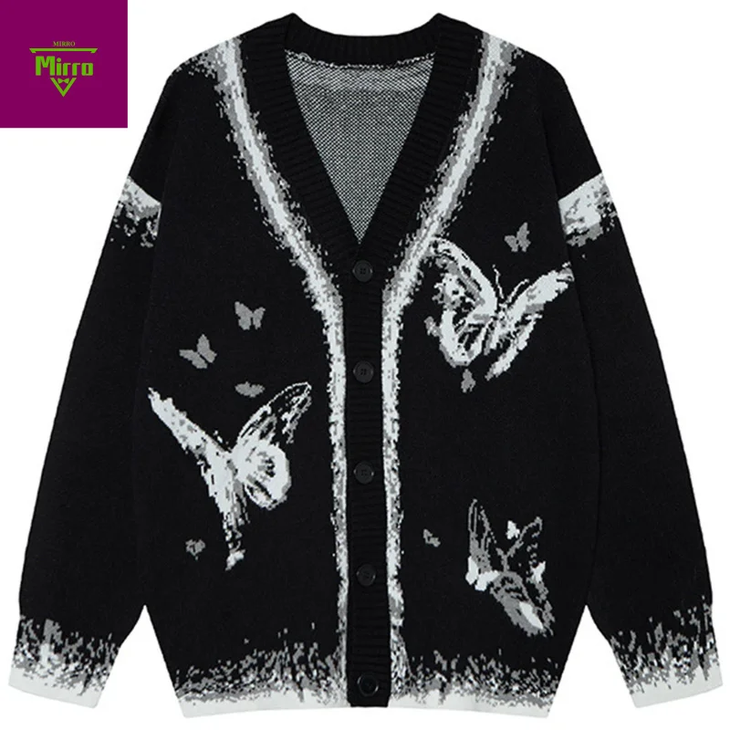 

Streetwear Hip Hop Men Sweaters Butterfly Graphic V-neck Sweaters Knit Cardigan Vintage Oversized Y2K Sweaters Knitwear