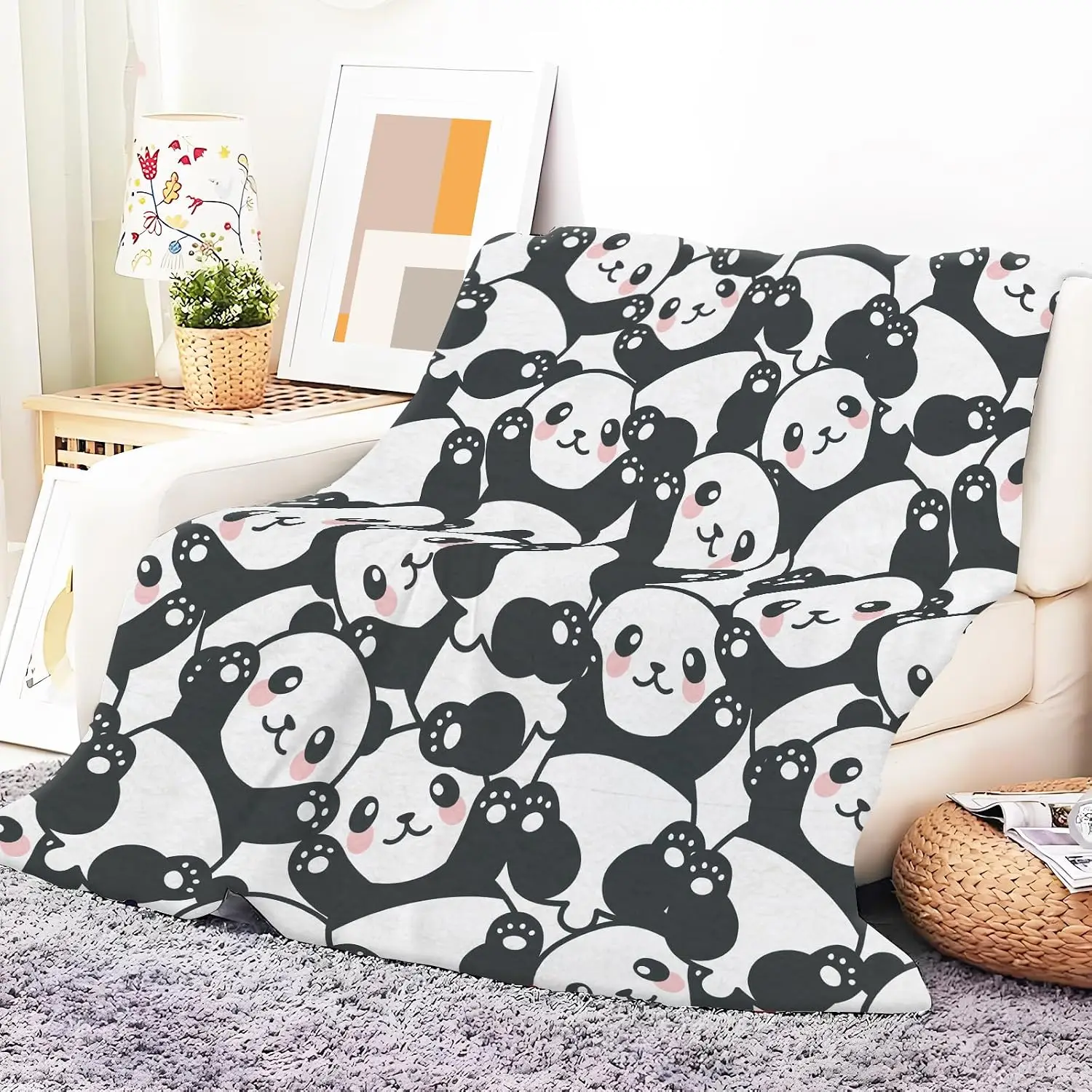 Cartoon Cute Blush Panda Dense Repeat Pattern Print Flannel Throw Blanket Soft Warm Lovely Kids Sofa Bedroom Animal Home Decor