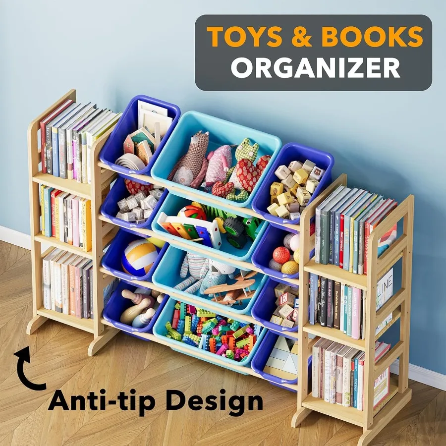 Toy Storage Organizer with 6 Shelves and 12 Bins for Bedroom and Playroom: Functional Bin Shelf with 12 Storage Bins Blue and N