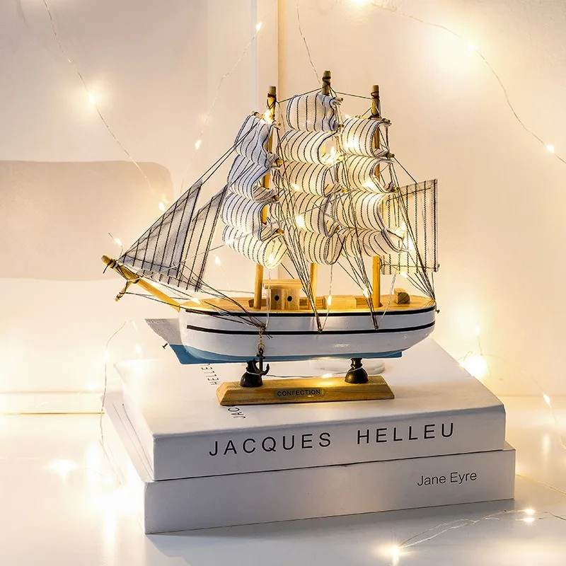 New Pirate Ship Model Wooden Sailing Ship Mediterranean Style Home Decoration Handmade Carved Nautical Boat Model Gift Figurines