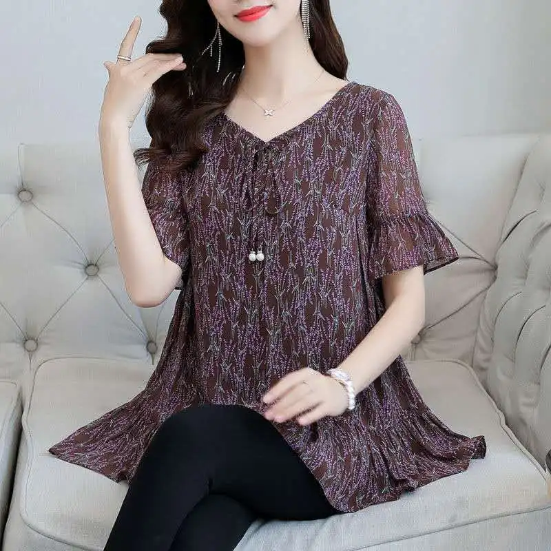 5XL Loose Women Spring Summer Blouses Chiffon Shirts Lady Fashion Casual Half Sleeve V-Neck Bow Lace Up Printing Elegant Tops