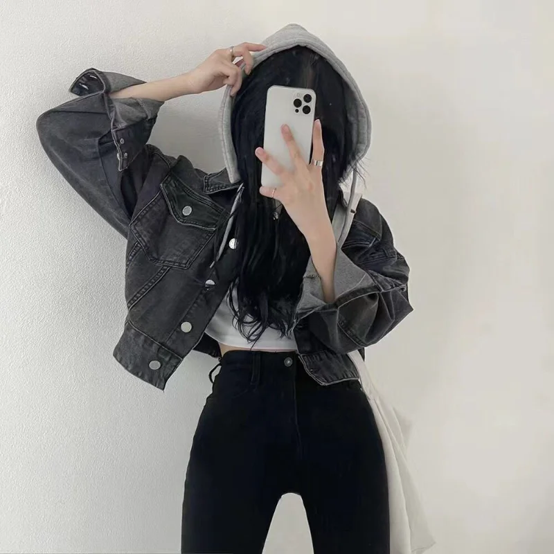 Coreano chique retro denim curto feminino único breasted removível chapéu jaqueta cardigan topo