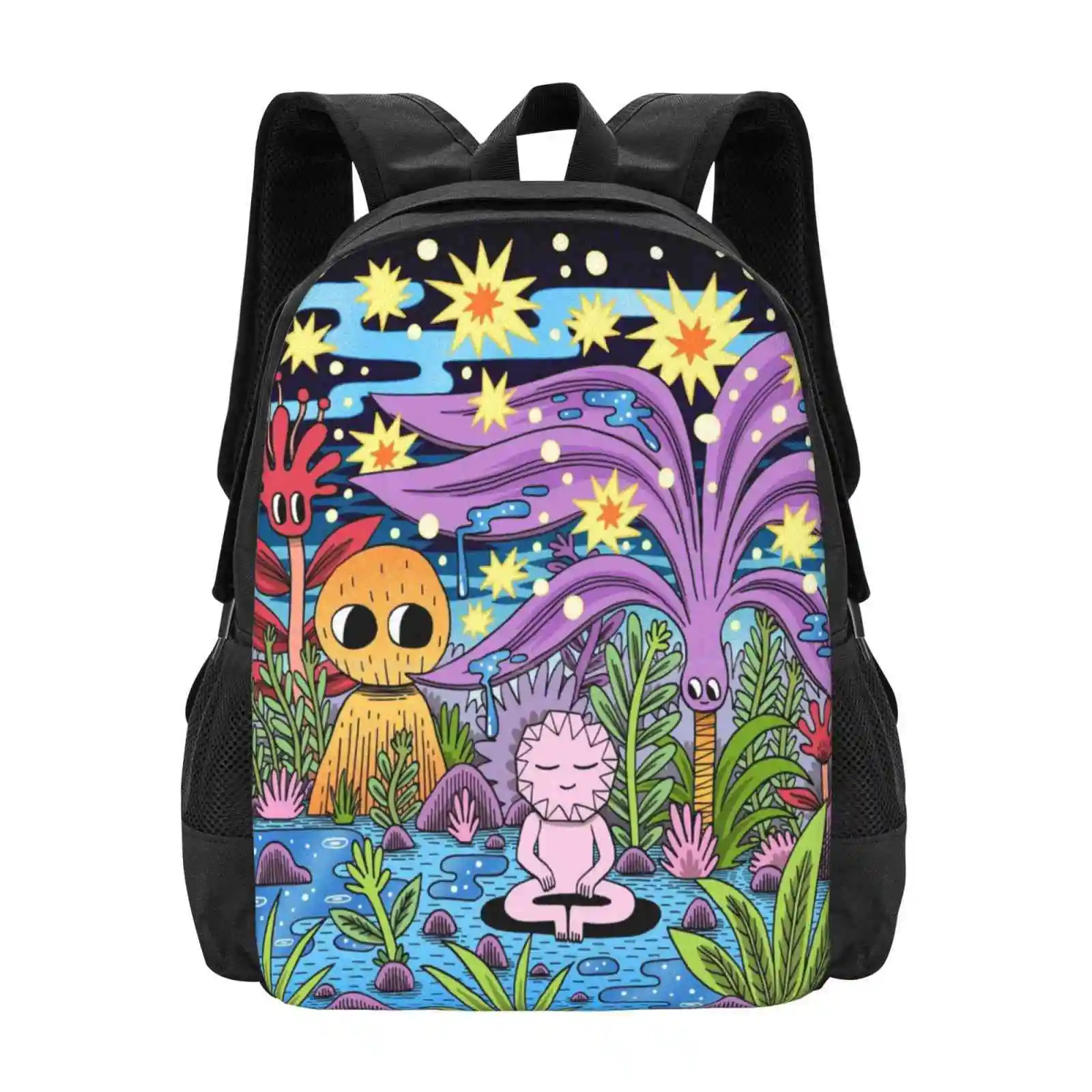 Meditation Hot Sale Schoolbag Backpack Fashion Bags Meditation Peace Characters Stars Night Sky Sleepy Cute Pink Purple Cosmic