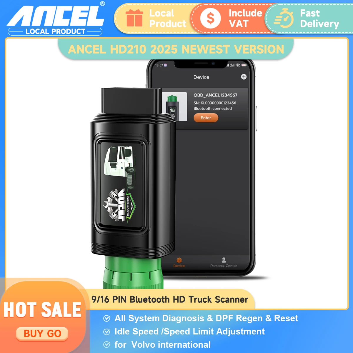 

ANCEL HD210 OBD2 Bluetooth Heavy Duty Truck Scanner Speed Limit Idle Reset for Volvo nternational All System Diagnostic Tools