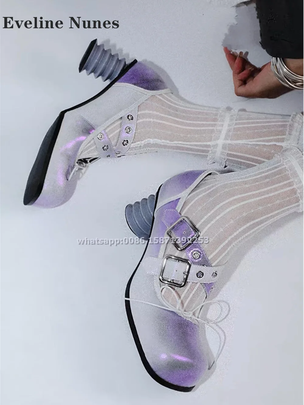 Gradient Purple Strange Style Pumps Round Toe Bowknot Belt Buckle Shallow Mary Janes Sweet Cool Style Nifty Shoes 2024 Newest