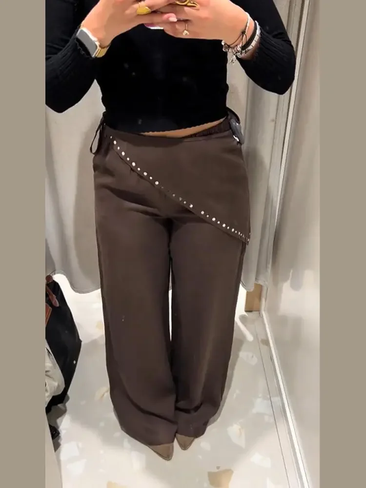 

Fashion Women Summer Trouser With Scarf 2026 Solid Paillette Pockets Wide Leg Female Pant Vintage All-match High Street Pants
