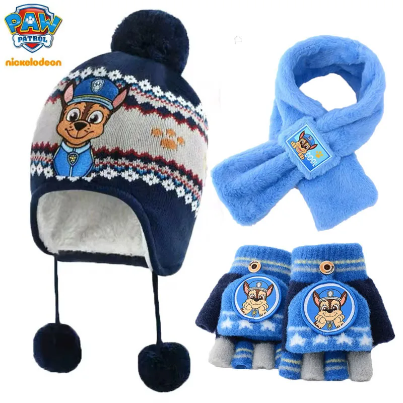 2-3PCS/SET Genuine PAW PATROL Winter Hat Glove Scarf SET Cute Cartoon Skye Chase Boys Girls Baby Cap Christmas Gifts