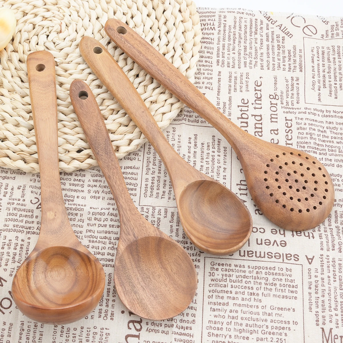 Natural Wood Kitchen Utensils Ladle Spoon Cookware Tableware Turner Long Rice Colander Soup Skimmer Cooking Spoons Scoop Tools