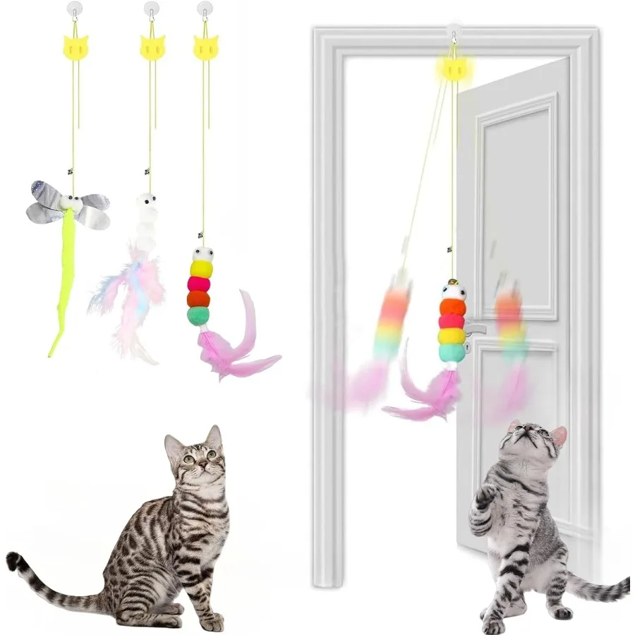 3 Pcs Interactive Toys for Indoor Cats Best Hanging Cat Toys for Bored Cats Spring Cat String Toys with Feathers and Bells Door