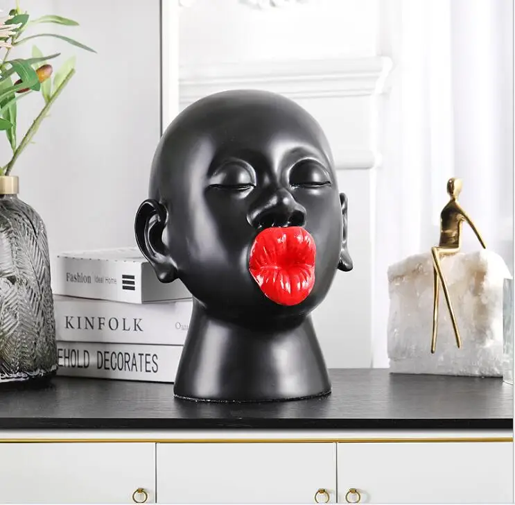 

Nordic Big Red Lips Black Man Resin Sculpture Ornaments Home Livingroom Table Decoration Hotel Office Figurines Crafts