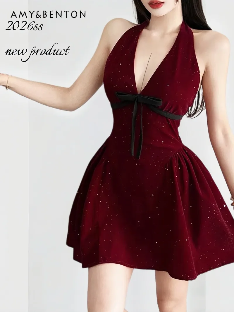 

Spring New Sweetheart Girl Shimmering Halter Tutu Dress Cute Bow V-neck Slim Mini Dress Women Elegant Princess Evening Dresses