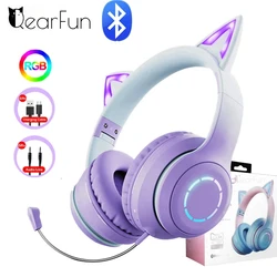 QearFun Gradientowe różowe słuchawki z uszami kota z mikrofonem dla dziewczynek Telefon dziecięcy MP3 HiFi Stereo Muzyka Świecące bezprzewodowe słuchawki Kawaii