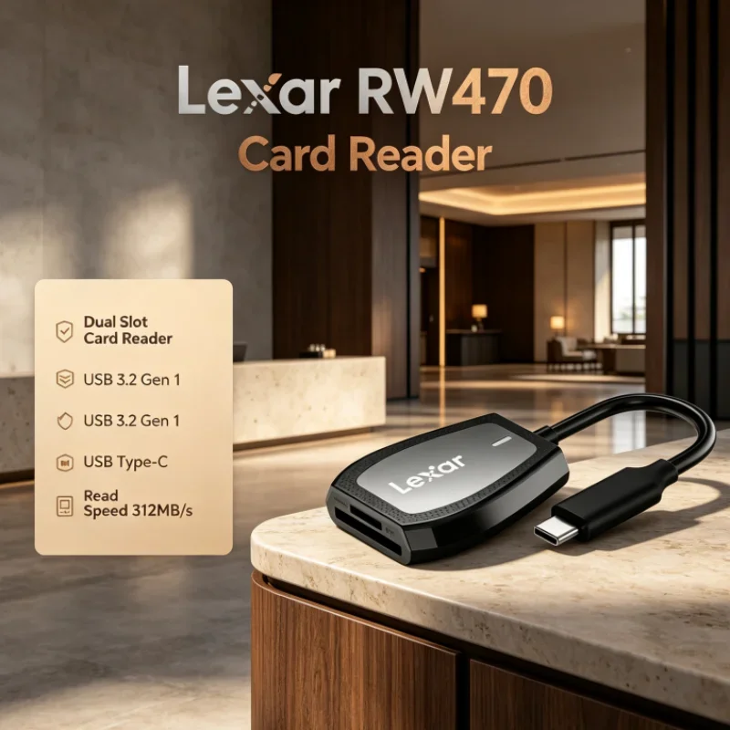 Lexar RW470 2-in-1 Dual Slot Card Reader USB 3.2 Gen1 Type-C SD microSD UHS-II Up to 312MB/s Read Speed for Photo Transfer