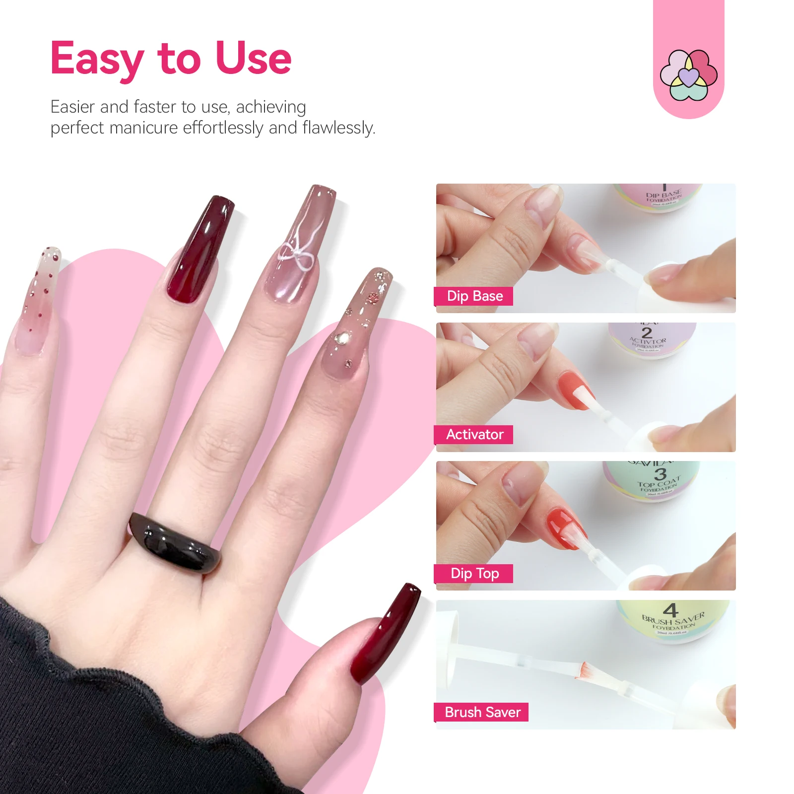 SAVILAND No se necesita curado, juego de líquido en polvo de inmersión, capa superior activadora de Base de secado rápido de 20ml para manicura en el hogar y uso en salón