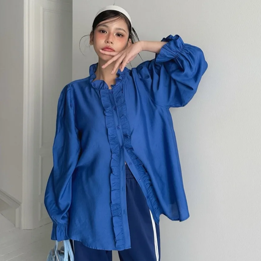 

SuperAen Корейская ретро грибковая рубашка с кружевным воротником и свободными расклешенными рукавами для женщин