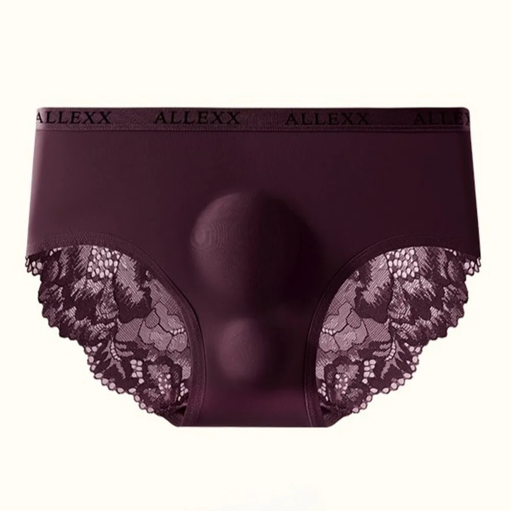 Men Lace Lace Trim IceSilk Briefs Underwear 3D Bulge Pouch Solid Underpants Smooth Panties Elastic Male Underpants For Intimate