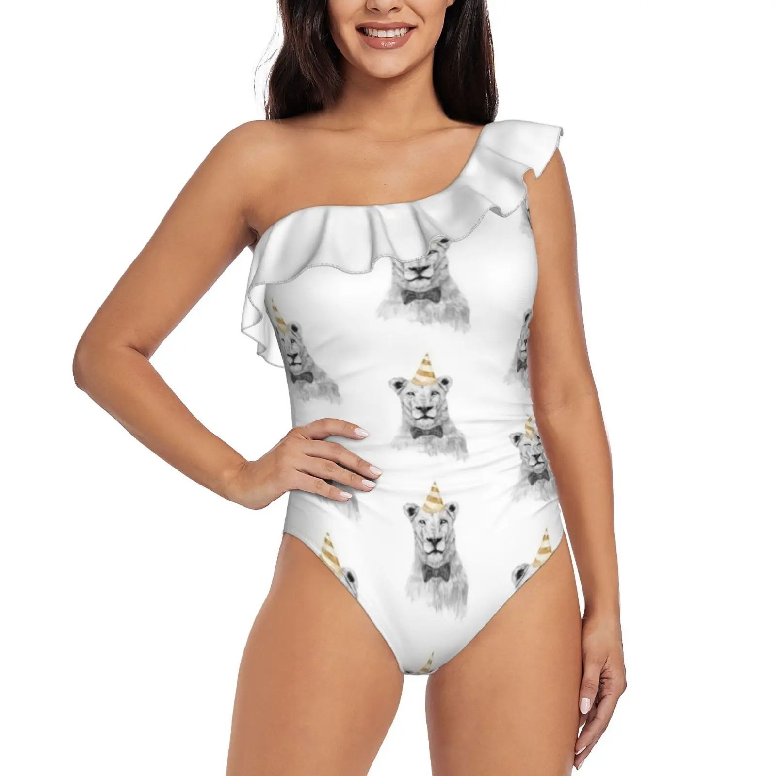 

Get The Party Started ( Color ) One Shoulder Ruffle Swimsuit One-Piece Beach Bathing Suit Print Sexy Women Swimsuit Lion Animal