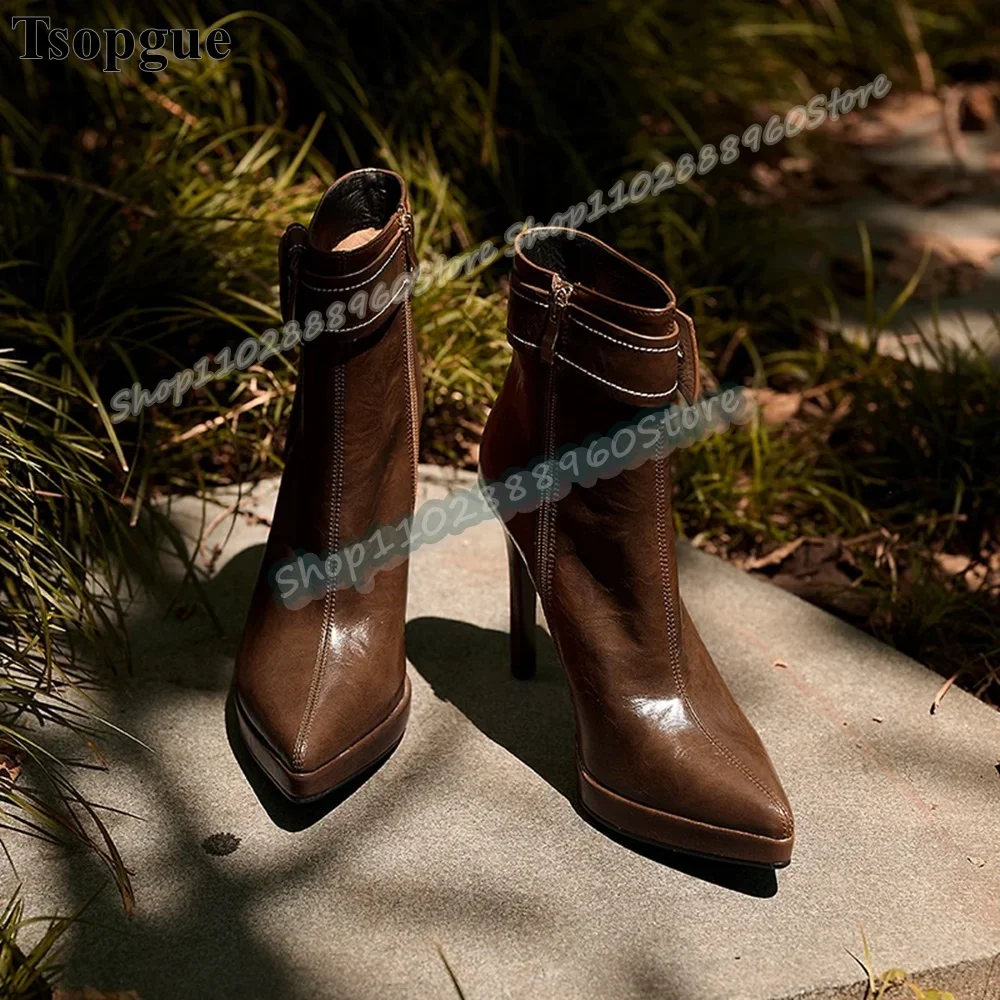 Coffee Color Leather Belt Strap Pointy Ankle Boots Thin High Heel Shoes For Women Side Zipper Pointed Toe Retro Style Boots