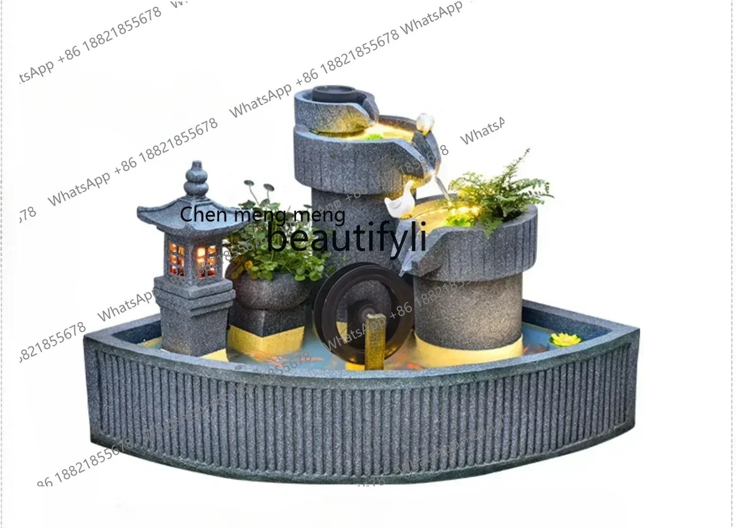 cn8350 LHY A  Pastoral flowing water floor ornament garden courtyard villa balcony layout landscaping decoration water wheel cir