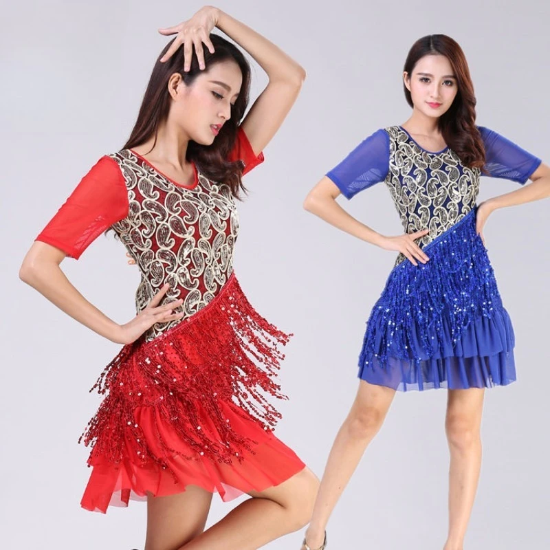 New Latin Dance Tassel Sequined Latin Skirt Adult Square Dance Cha Cha Practice Suit Dance Competition Table Performance Suit