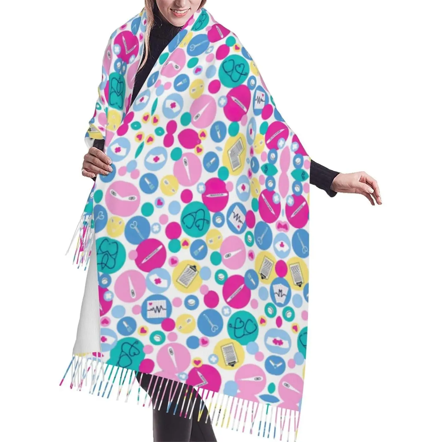 

Милый шарф с бахромой и принтом медсестры, легкий женский модный шарф, мягкая шаль, шарф с кисточками, подарок