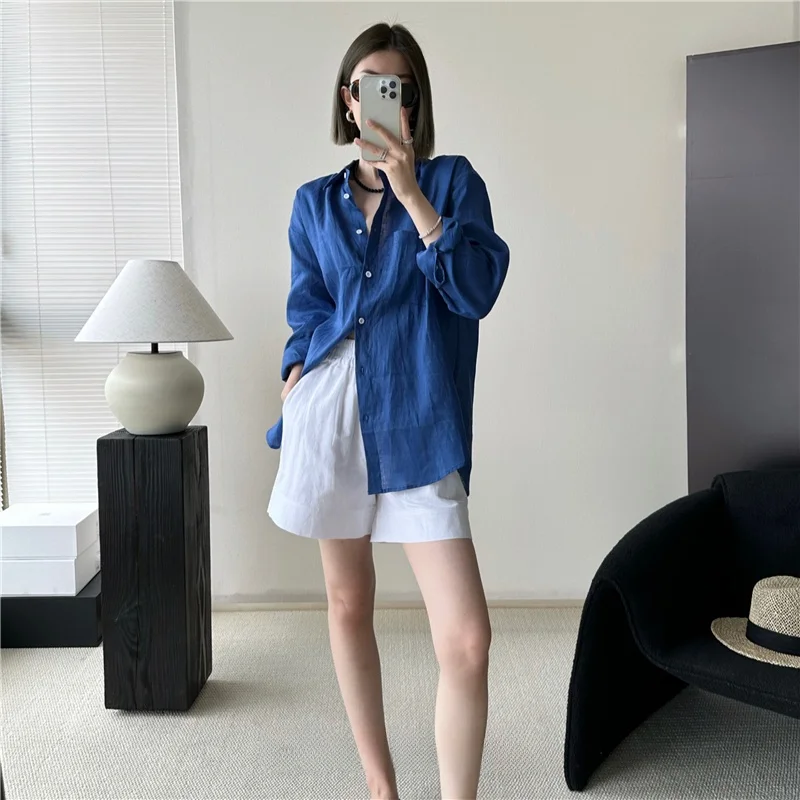 

Women's Linen Shirt Loose Fit Lightweight Sun Protection Open Cardigan Summer White Shirt Versatile Style Long Sleeve