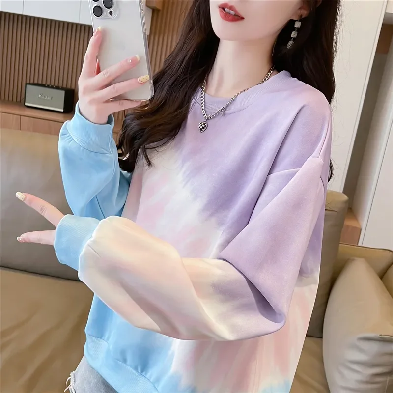 Women's Pastel Tie-Dye Oversized Sweatshirt Purple Blue Gradient Casual Long-Sleeve Top Hoodies
