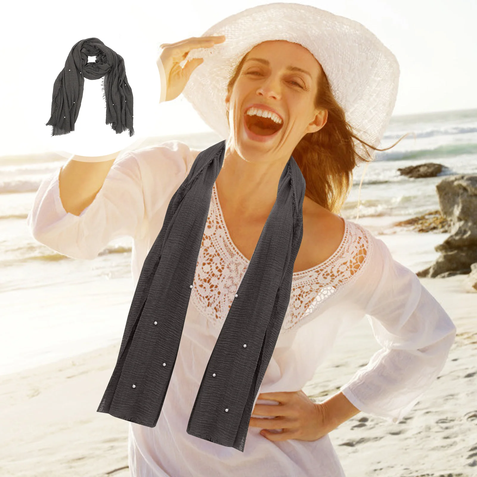 

Pearl Decorated Cotton Head Scarf Multi purpose Shawl for Women Outdoor Summer Autumn Versatile Comfortable Elegant Gift