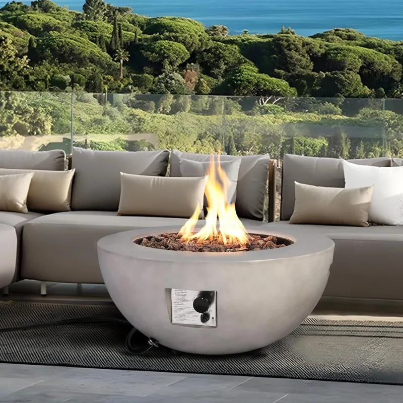 

Outdoor Propane Fire Pit Table 31.5 Inch 50,000 BTU Round Concrete Firepit Gas Fire Pit w Lava Rocks and Rain Cover