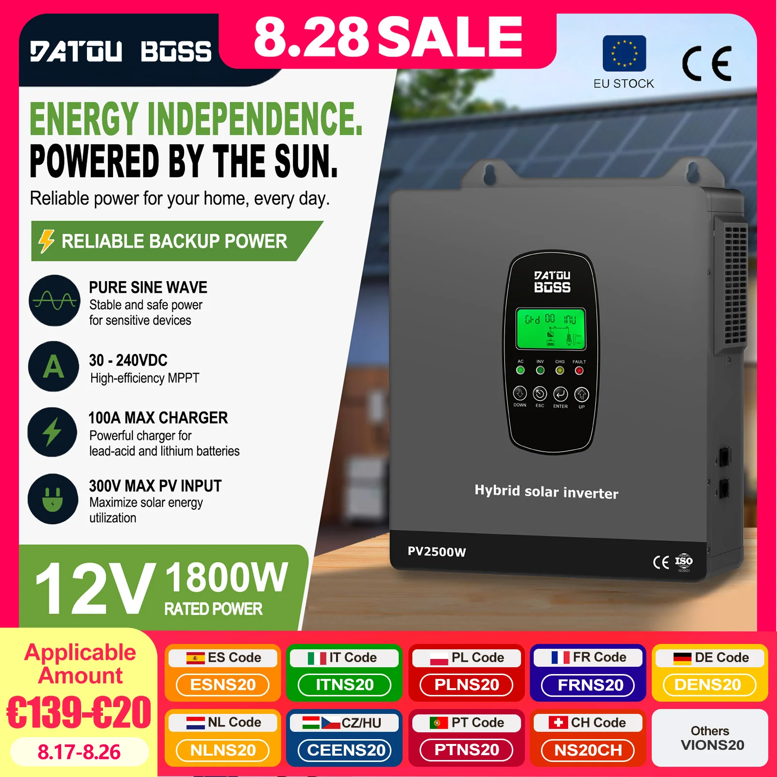 DATOUBOSS 12V 1800W Hybrid Solar Inverter Built-in MPPT Charge Controller Off-Grid Inverter for Home Solar Power System