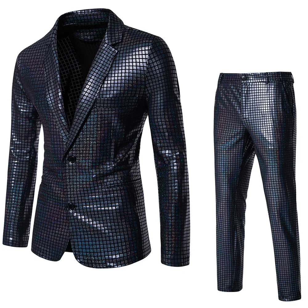 Fashionable New Men's Sequin Hot Stamping Suit Disco Cosplay Party Stage Nightclub Shiny and Cool Performance Suit Set SizeS-3XL