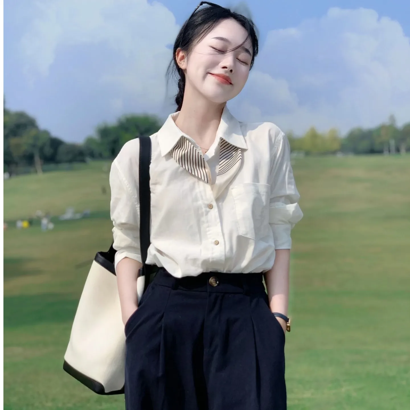 

Ele White Long Sve irt Женские Profional Faion Весна Осень Высококачественные ощущения South Oil Big Brand