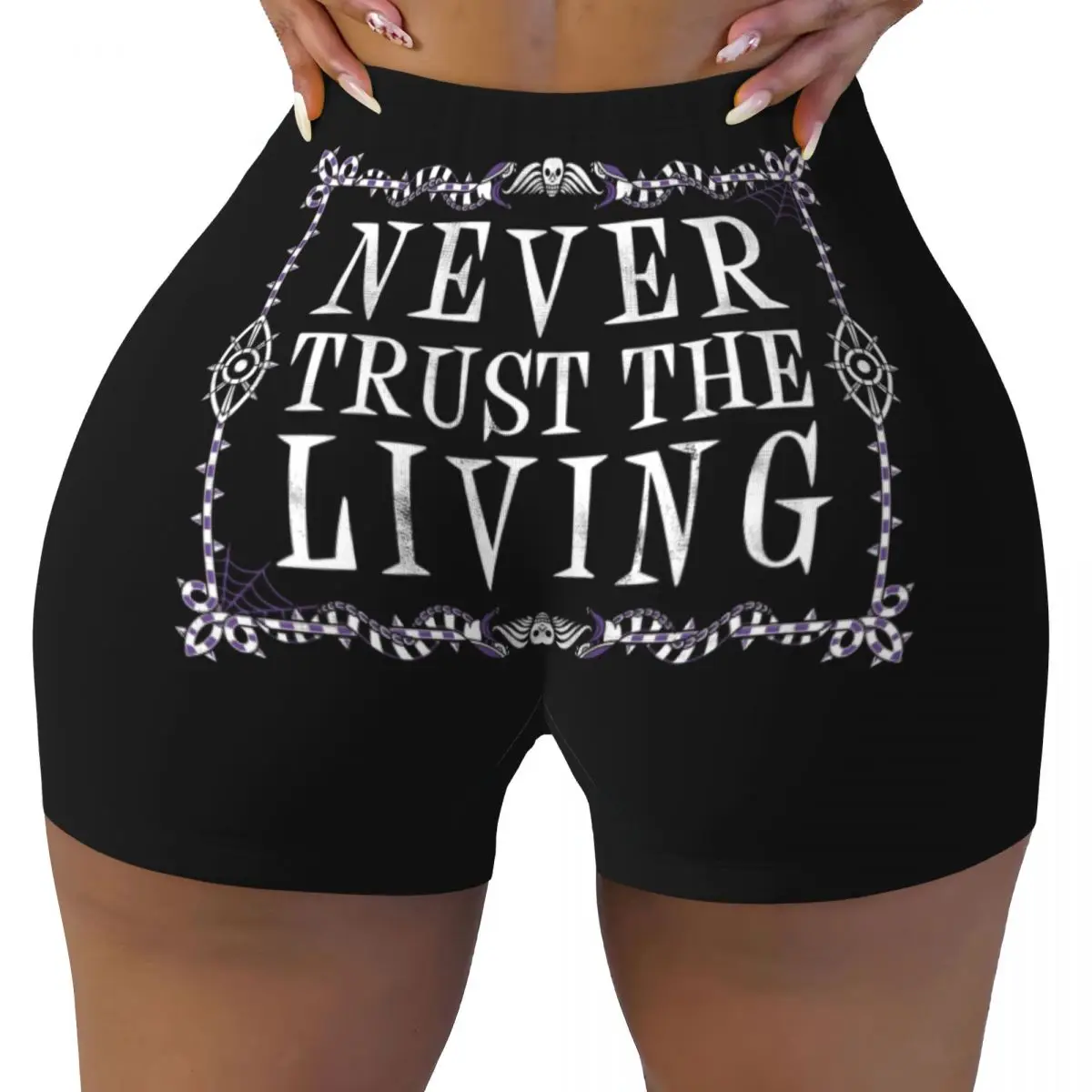 

Custom Women's Never Trust The Living Workout Yoga Shorts Goth Occult Halloween Witch Quote Gym Athletic Volleyball Biker Shorts