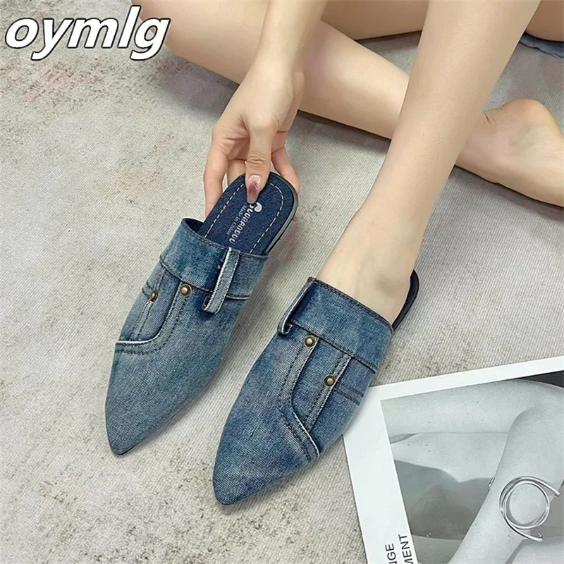 Denim sandals for women's summer outdoor wear flat shoes 2024 new pointed toe half slippers