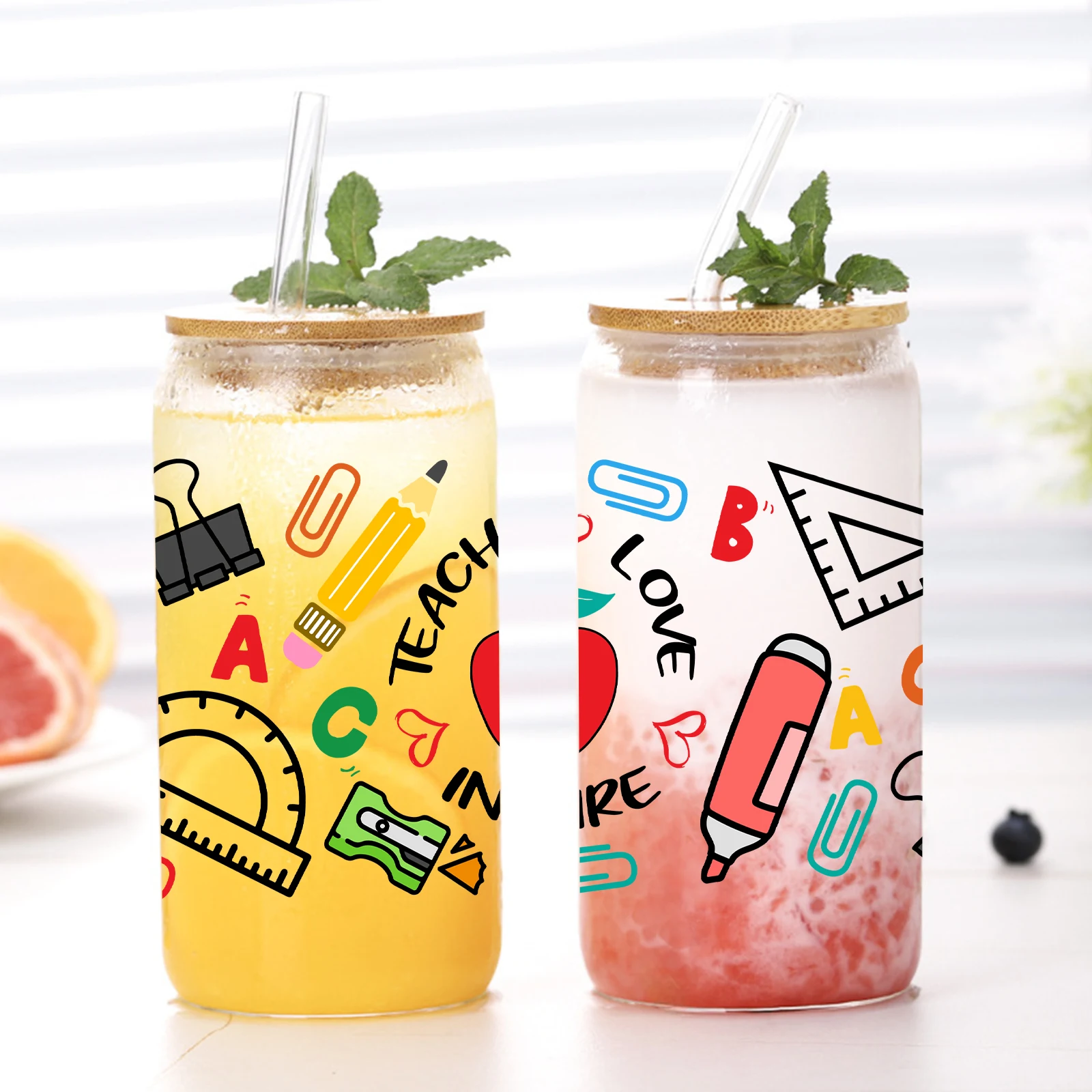 Learning Supplies 3d Pattern 16oz Glass Tumbler Mug With Lid&Straw Coffee Glass Mug Iced Coffee Lover Gift Back To School Gifts