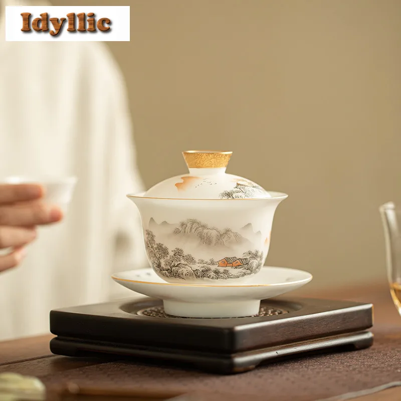 200ml Sheep Fat Jade Gold Drawing Landscape Gaiwan Luxury Tea Tureen Tea Bowl With Lid Kit Tea Maker Cover Bowl Cafes Collection