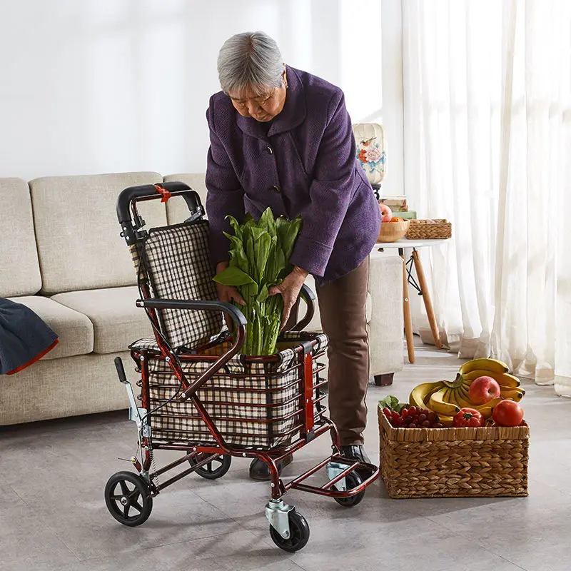 Elderly Scooter with Four Wheels for Grocery Shopping Small Cart for Sitting Pushable and Foldable Shopping Cart