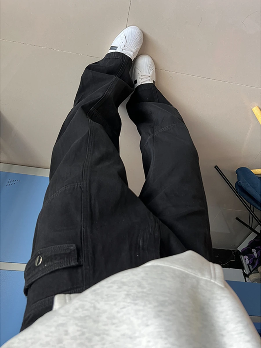 

American Sle Spliced Workwear Jeans Men's Loose Straight Tube Knife Pants Autumn Winter Waed Jeans High Waist Long Trousers