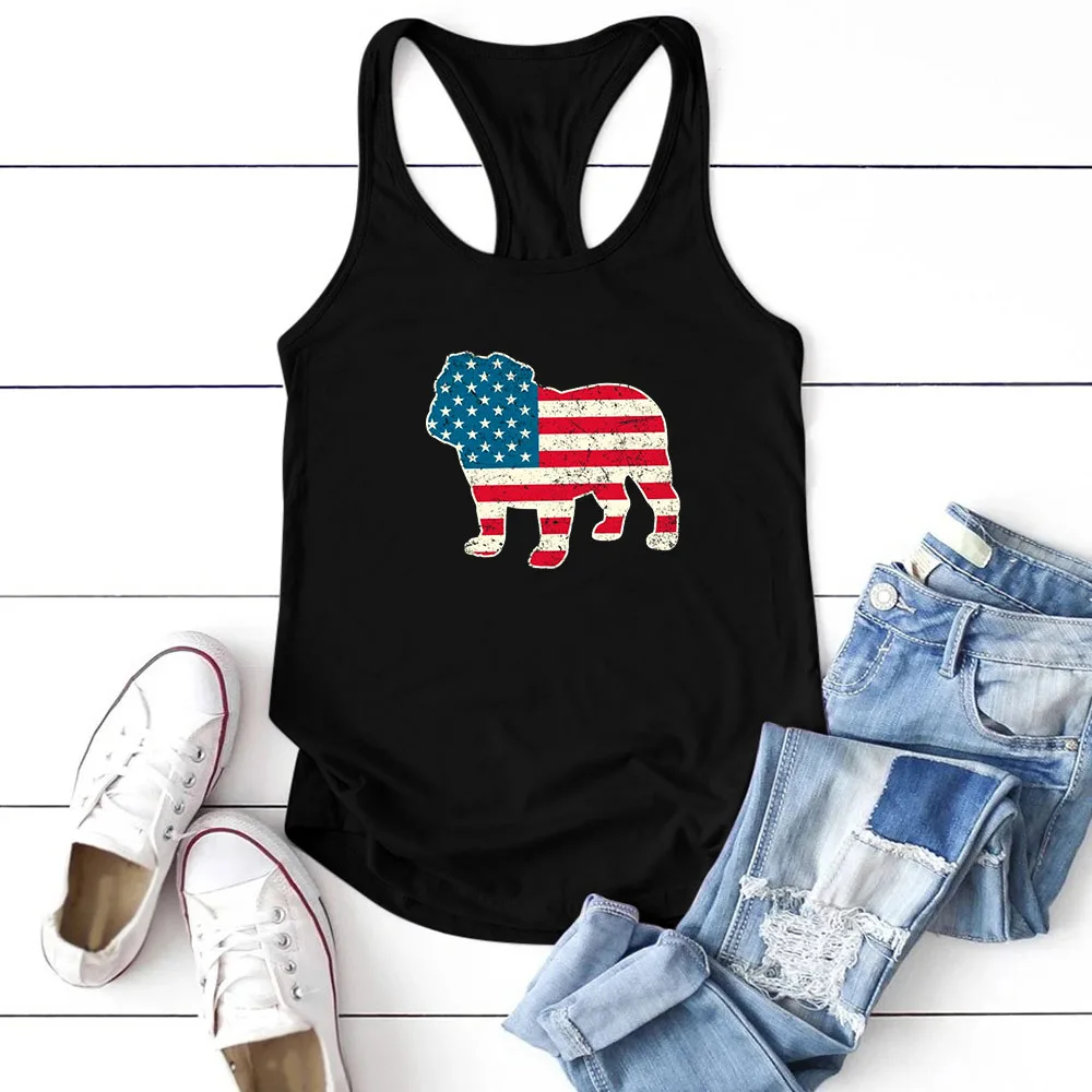 Seeyoushy Flag Element Puppy Print Fun Printed Tank Top Fashion Retro 90's Summer Casual Women's Tank Top Hurdle Tank Top