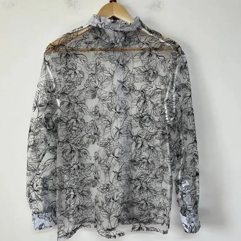 WVGA Summer New Man Chinese Style Traditional Painting Embroidery Sheer Mesh Long Sleeve Shirt Niche Chic Casual Tops Ins W22909