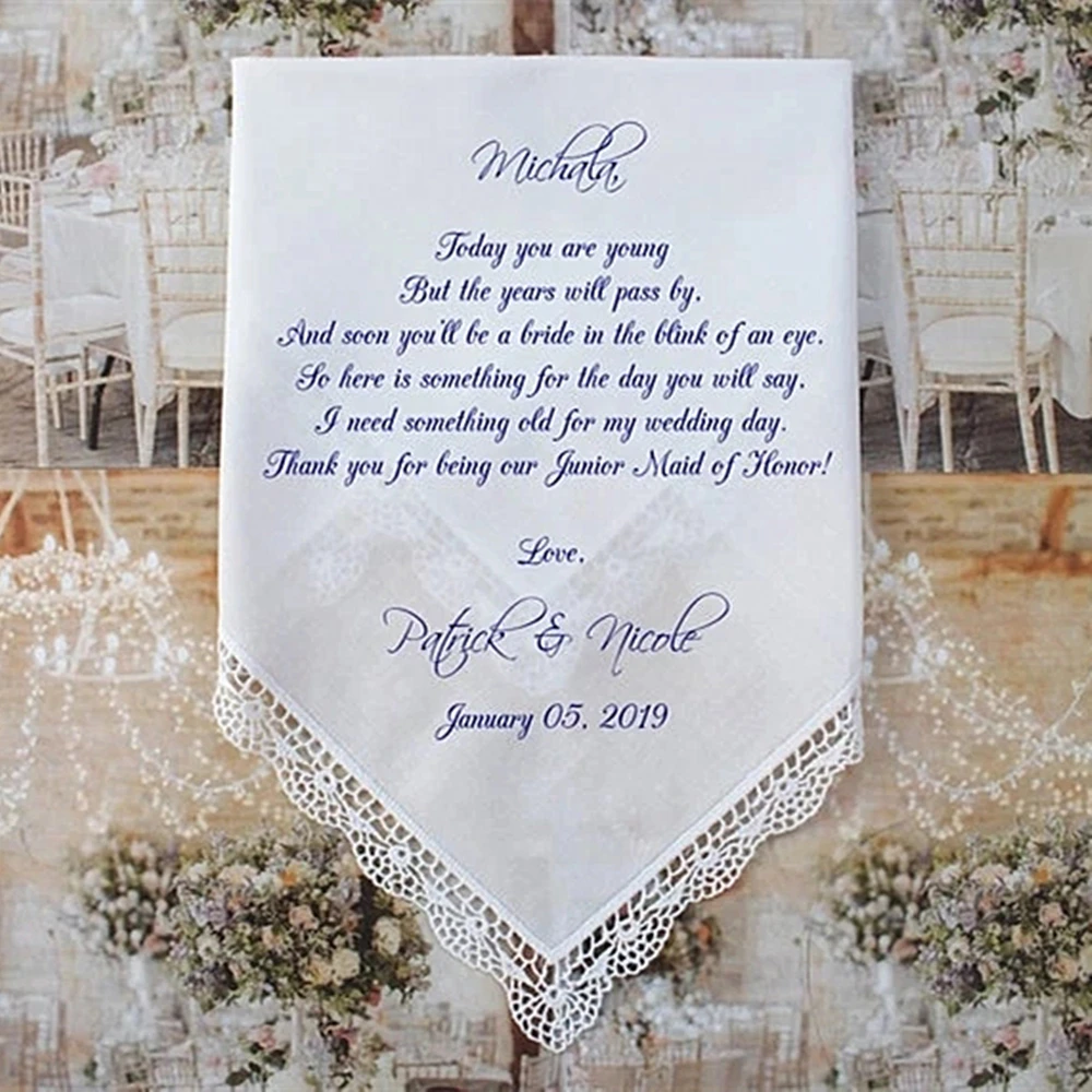 personalized Junior Maid of Honor Gift, Wedding Handkerchief, PRINTED, CUSTOMIZED Wedding gift, Sisters of the Bride Gift