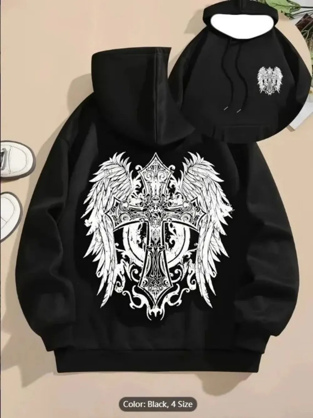 European and American men's autumn Gothic cross print micro elastic comfortable hooded sweatshirt outdoor street style top