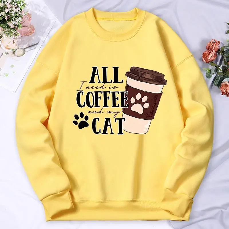 All Coffee Cat Print Hoody Womens Autumn Warm Comfortable Sweatshirt Simple Oversize Hoodie Street Casual Versatile Top Female