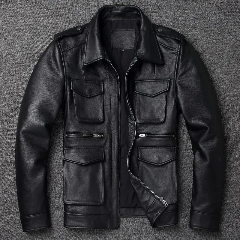 

New Black M65 Army Hunting Leather Jacket Men's Short Lapel Coat Top Layer Cowhide Motorcycle Casual Trend Leather Jackets