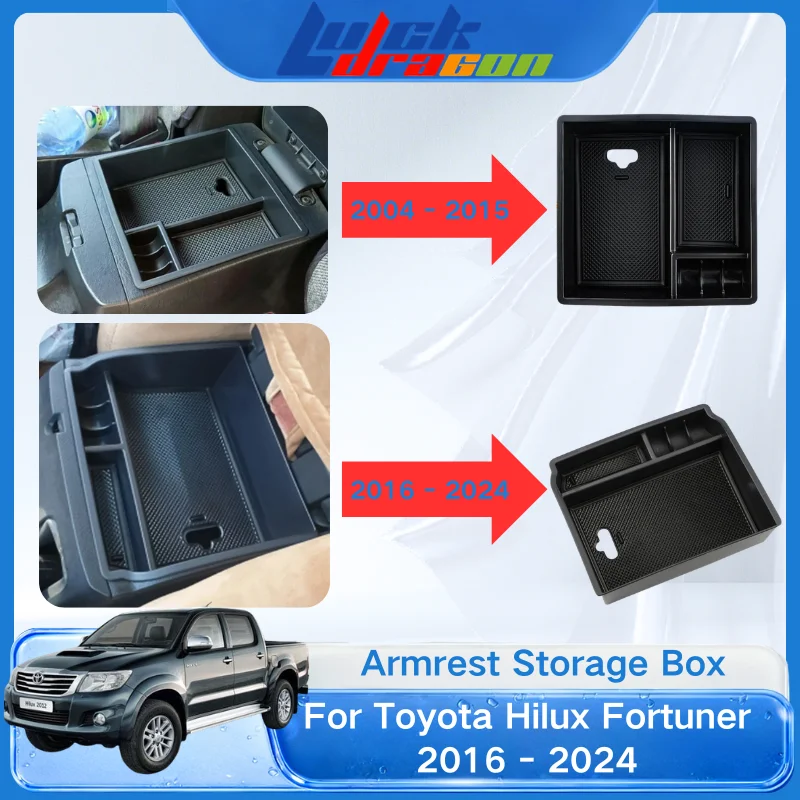 Organizador de consola central para Toyota Hilux Fortuner 2016-2024, caja de almacenamiento para reposabrazos de coche, bandeja con tapetes antideslizantes incorporados, soporte para paletas