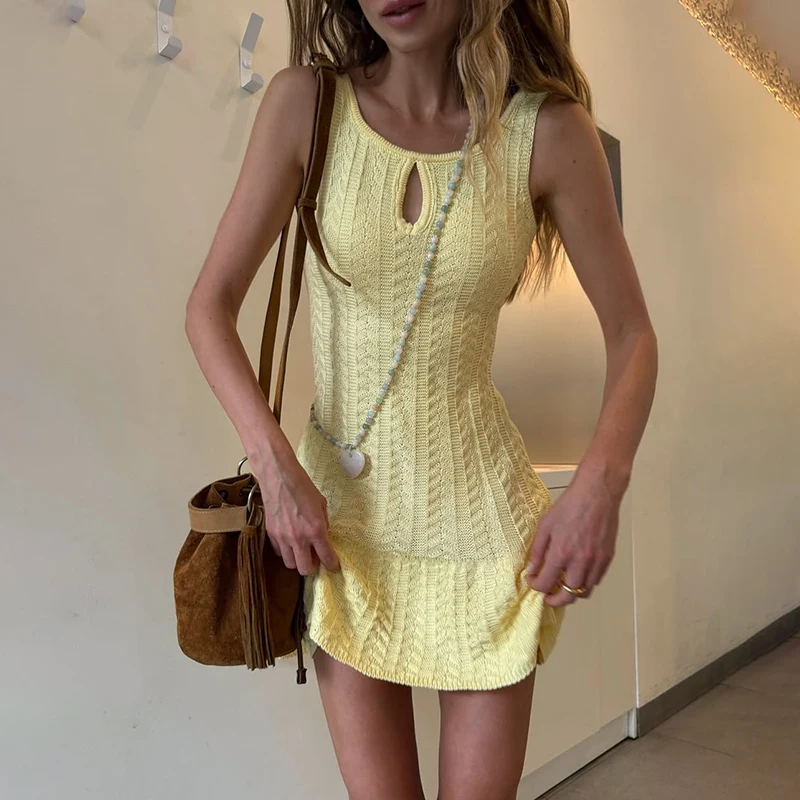 

Ticketsx Knit Texture Mini Dress Women's Square Neck Hollow Out Sexy Backless Dress Female Summer Beach Casual Party Tank Dress