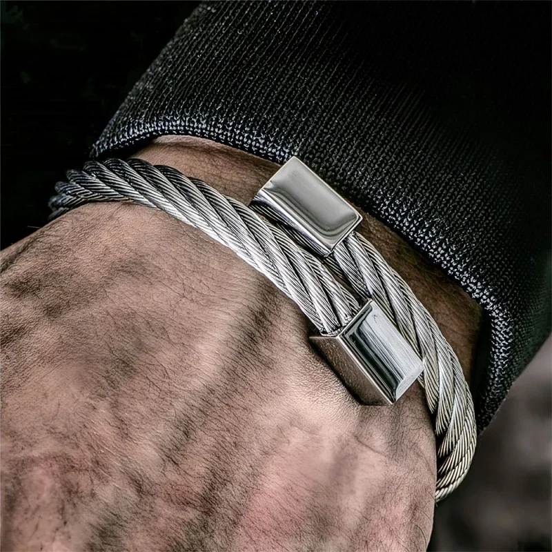 Titanium Steel Charm Cuboid Open Cuff Bangle for Men Women No Fade Color Wire Rope Bracelet Female Wrist Ornament Jewelry Gift