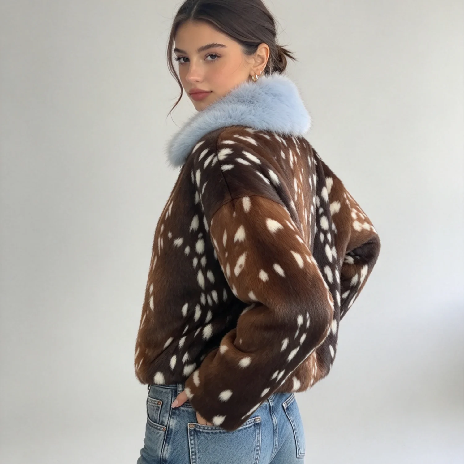 LIMO 2026 New Ladies Short Faux Fur Coat Deer Spotted Pattern Light Blue Fluffy Collar Winter Outerwear
