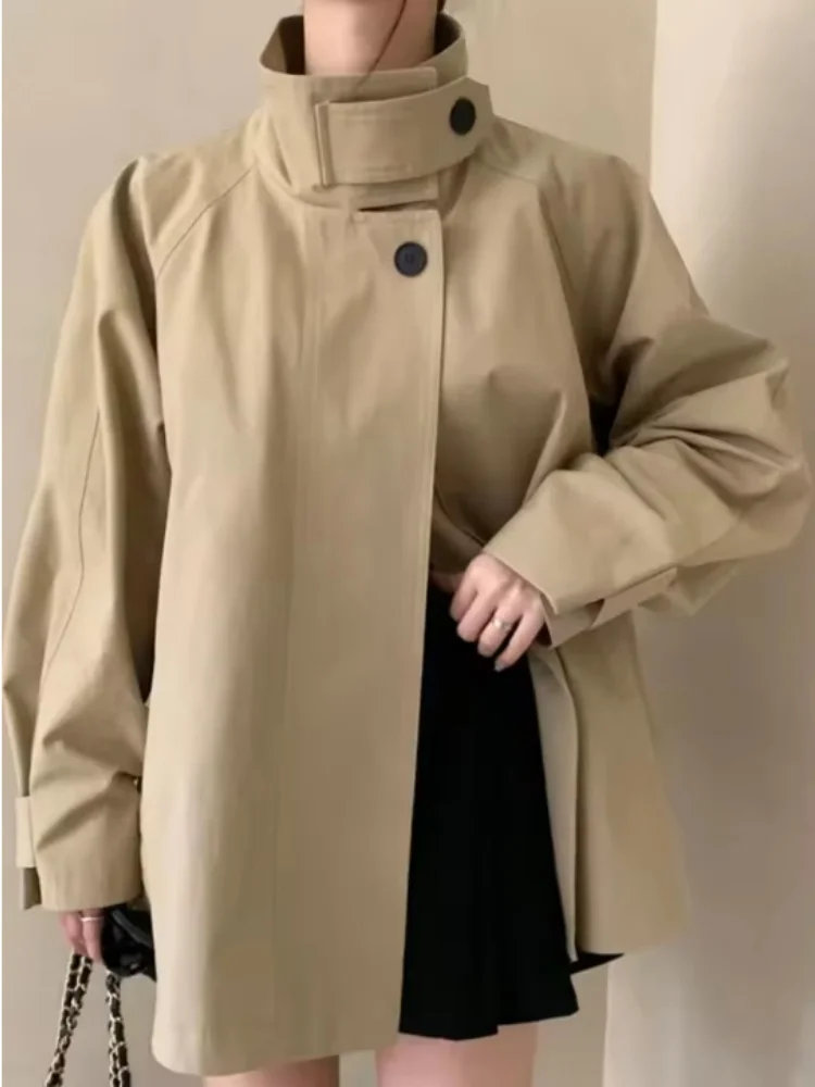 Korean Chic Loose Trench Jackets Women Vintage Stand Collar Button Windbreaker 2026 Autumn Casual  Basic Coats