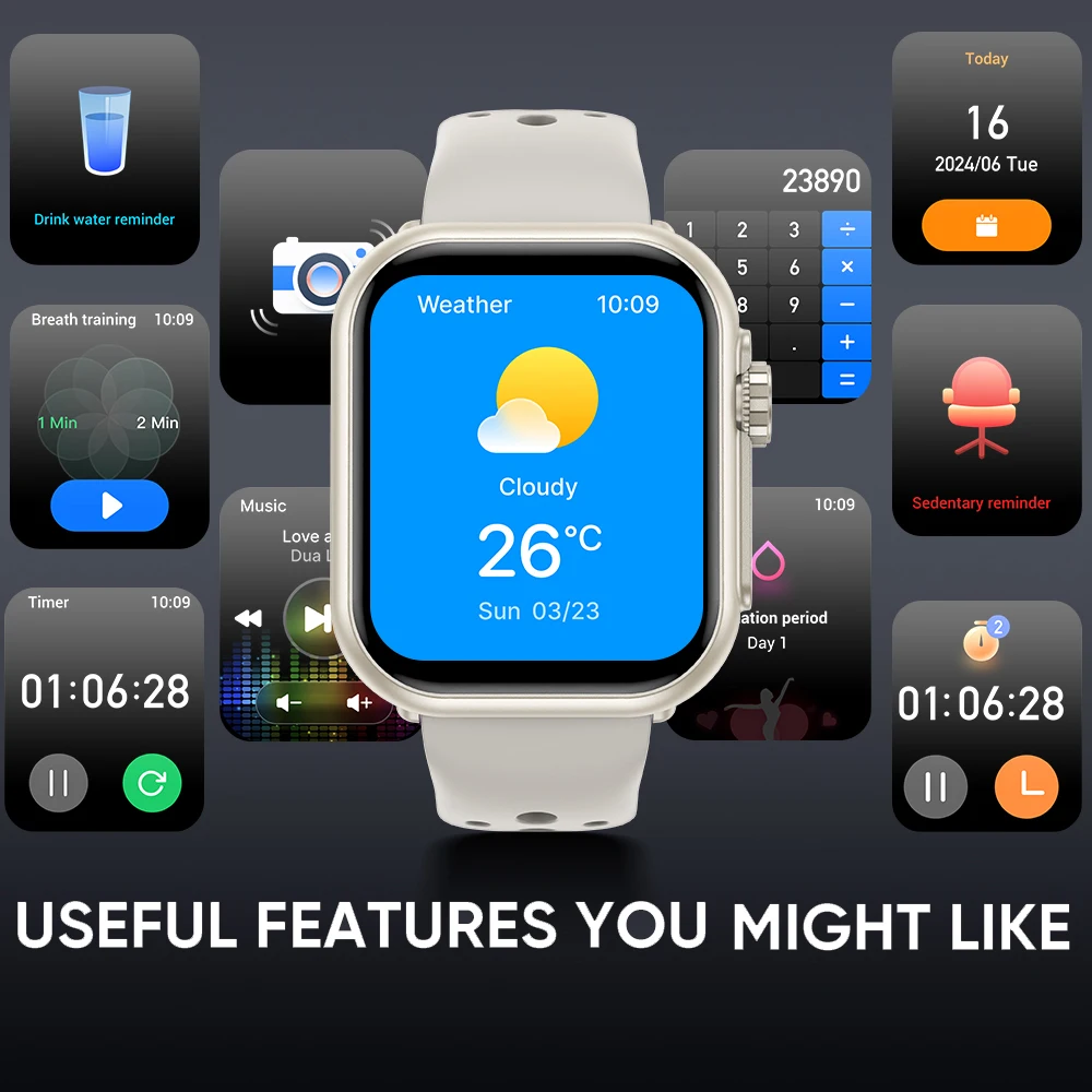 Nowy 1000mAh Długi czas pracy baterii 1,85 cala W pełni dotykowy smartwatch dla mężczyzn Kobiety Fitness Sport Bluetooth Połączenie Wodoodporny inteligentny zegarek